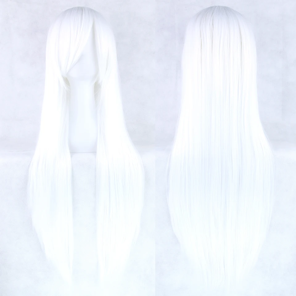 Peluca larga sintética plateada blanca para cosplay anime, fiesta de Halloween, lacia blanquecina con flequillo 6