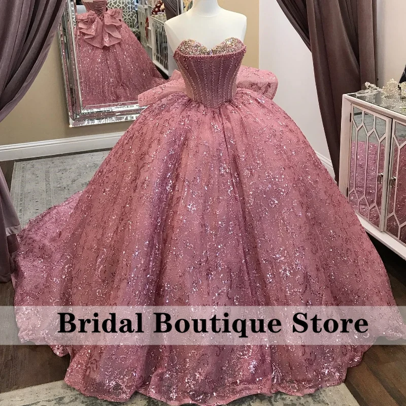 

Shiny Pincess Pink Sweetheart Beaded Quinceanera Dress Crystals Corset Pearls Beads Ball Gown Glitter Vestidos De 15 Años