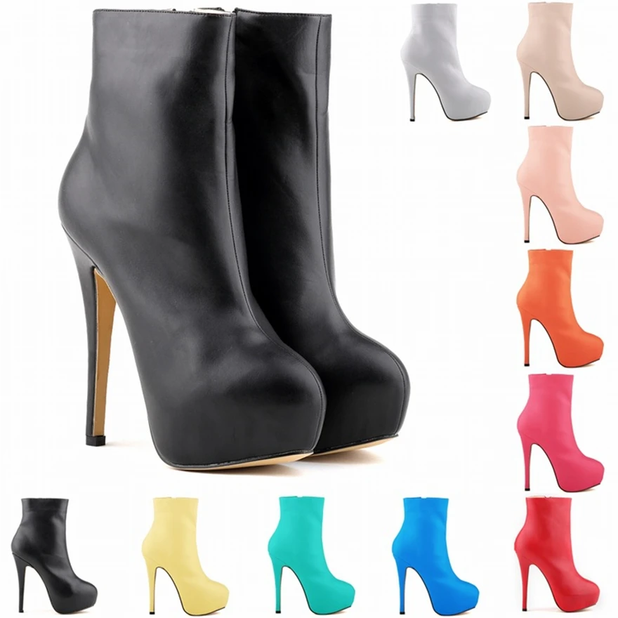 Bottines courtes femme automne 2026 en cuir mat noir et rouge, bottes mode à fermeture éclair, bout rond fin, plateforme, talons hauts pour soirée