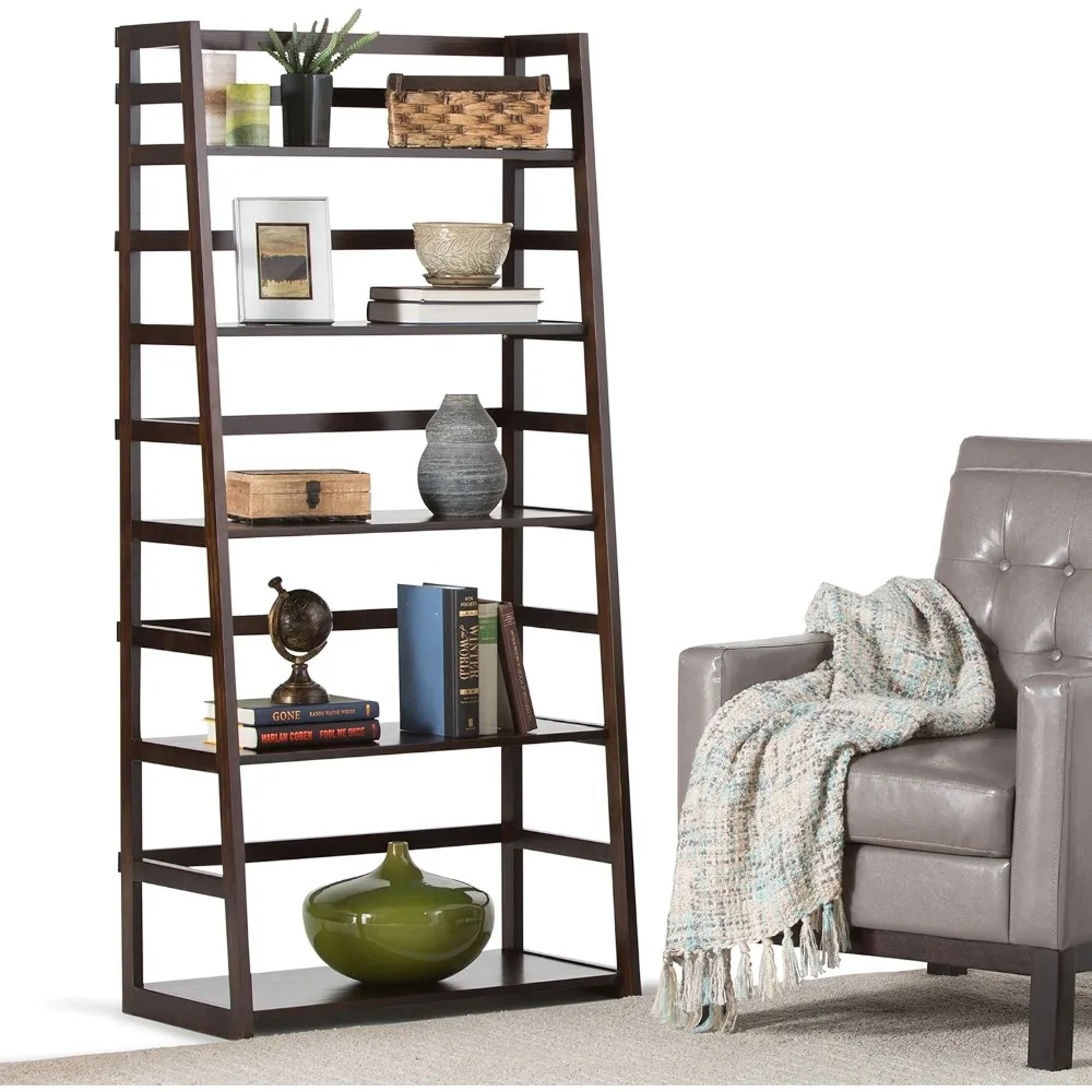 Acadian SOLID WOOD 30 Inch Transitional Ladder Shelf Bookcase in Brunette Brown, For the Living Room, Study Room and