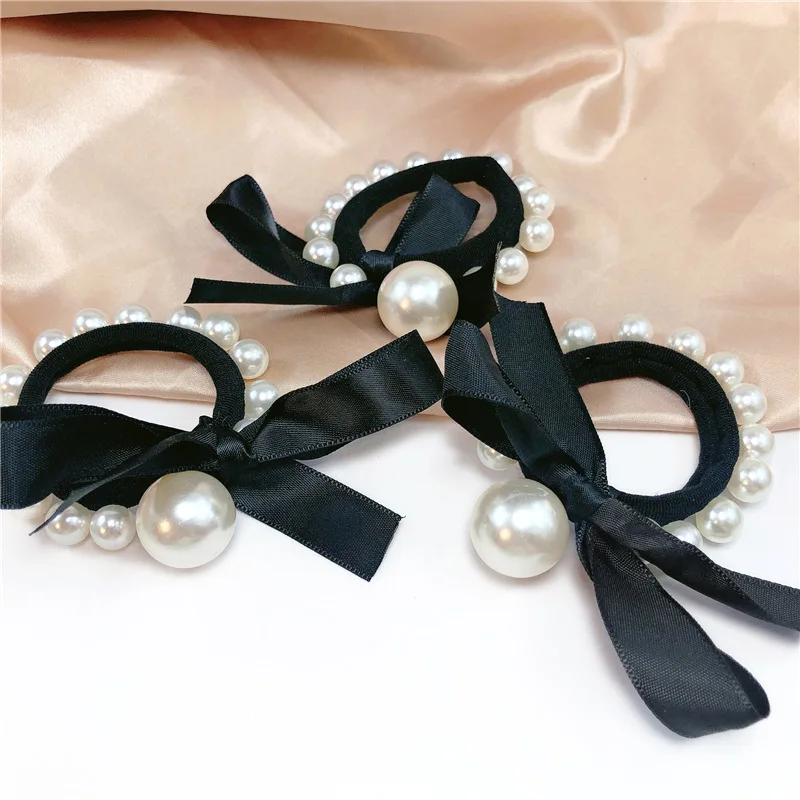 Beautiful Pearl Hairbands for Woman Strong Elastic Band Black Ribbon Hair Ropes Ponytail Decorations