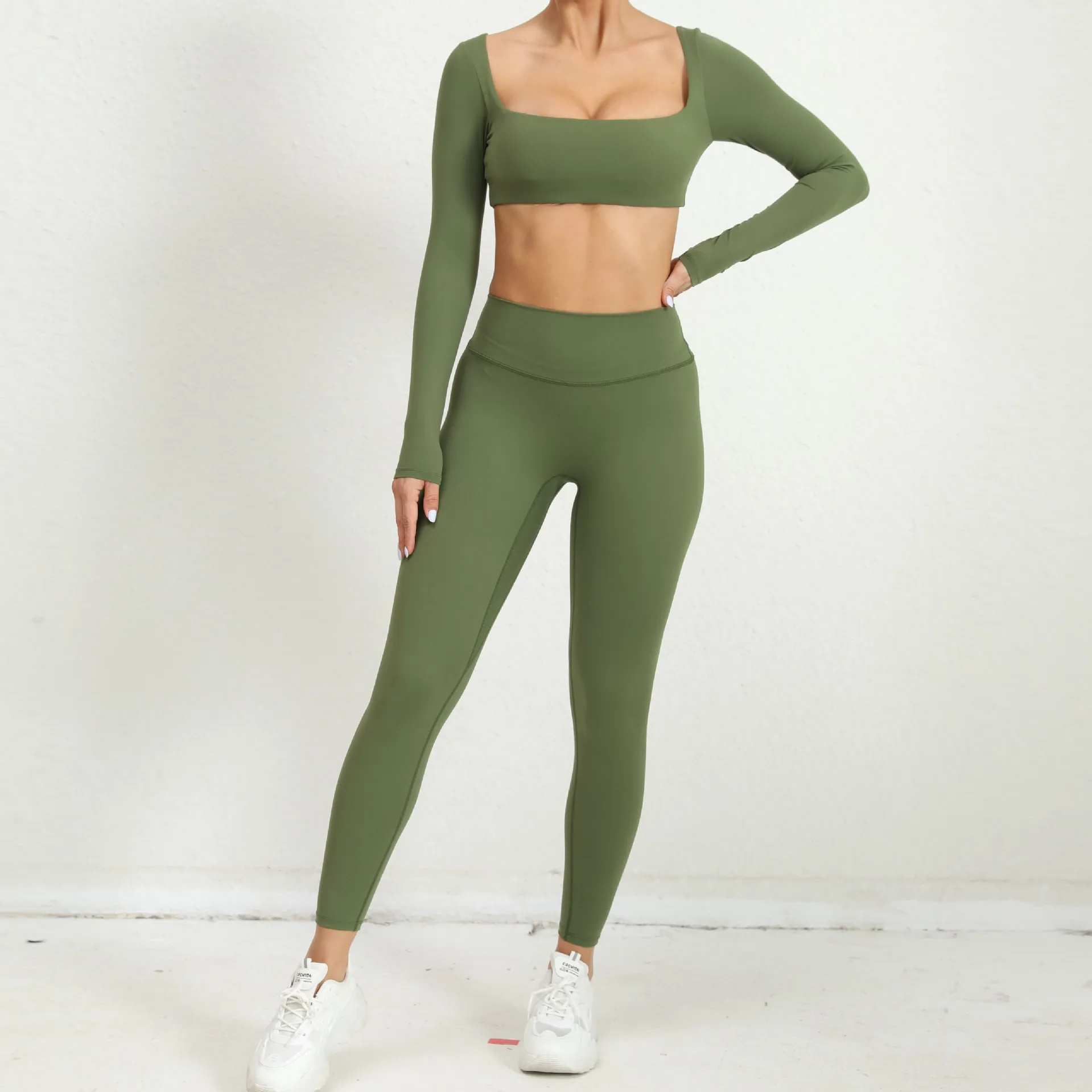 2 Piece Gym Set with Cups Women Sportswear Autumn Winter Long Sleeve Square Collar Sport Suit for Fitness Yoga Workout Clothing