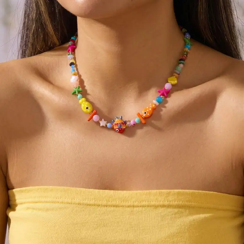 Candy Color Beaded Choker Necklace Cute Fish Starfish Ocean Charms Sweet for Teen Girls Summer School Daily Wear