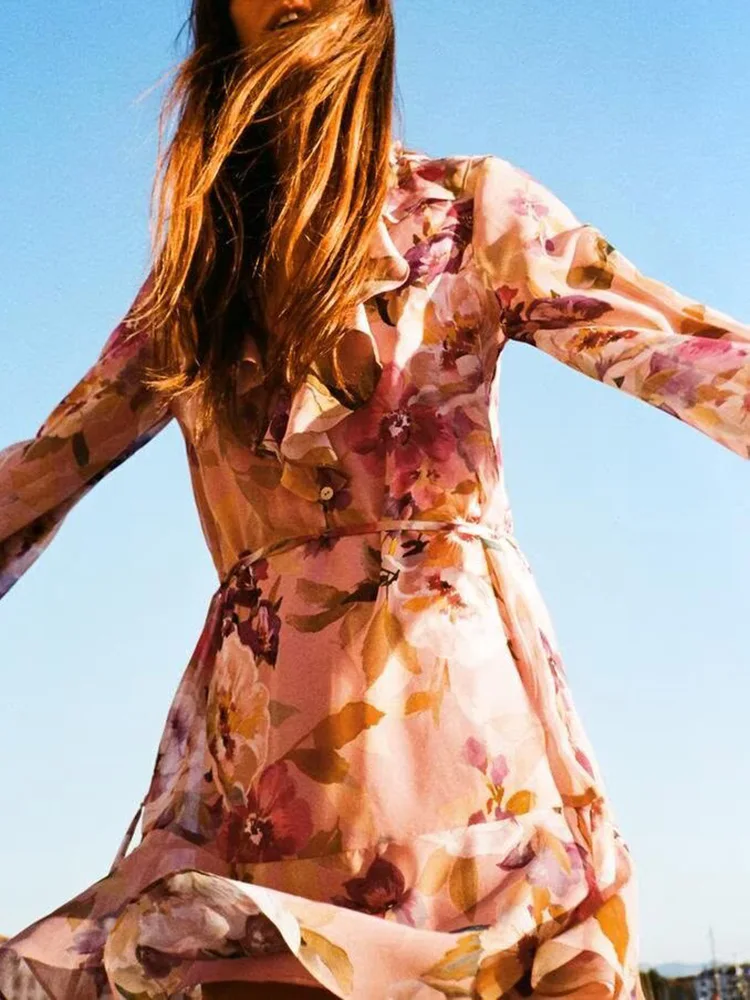 Vestido f recém-chegado da primavera ZA2025 vestido  com decoração em camadas com estampa floral versátil vestido ...