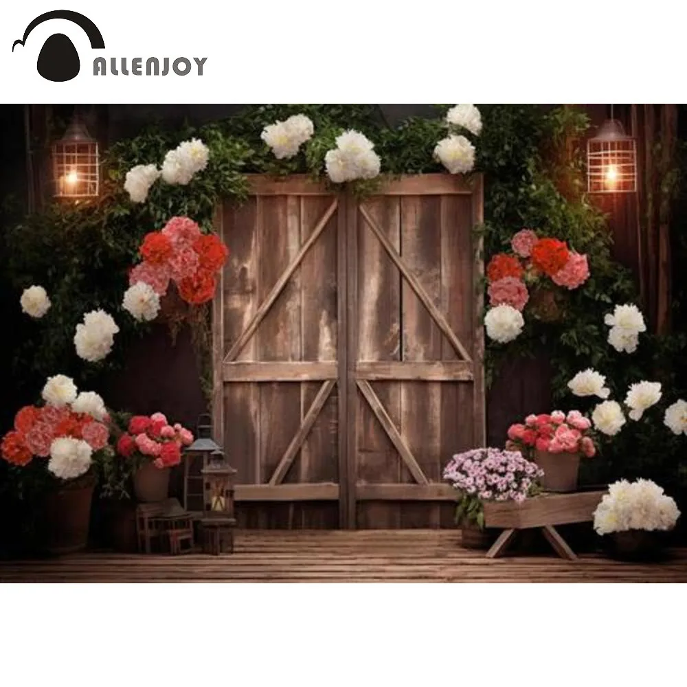 

Allenjoy Spring Wreath Wood Photography Backdrop Rustic Cabin Doors Flowers Vine Photo Booth Background