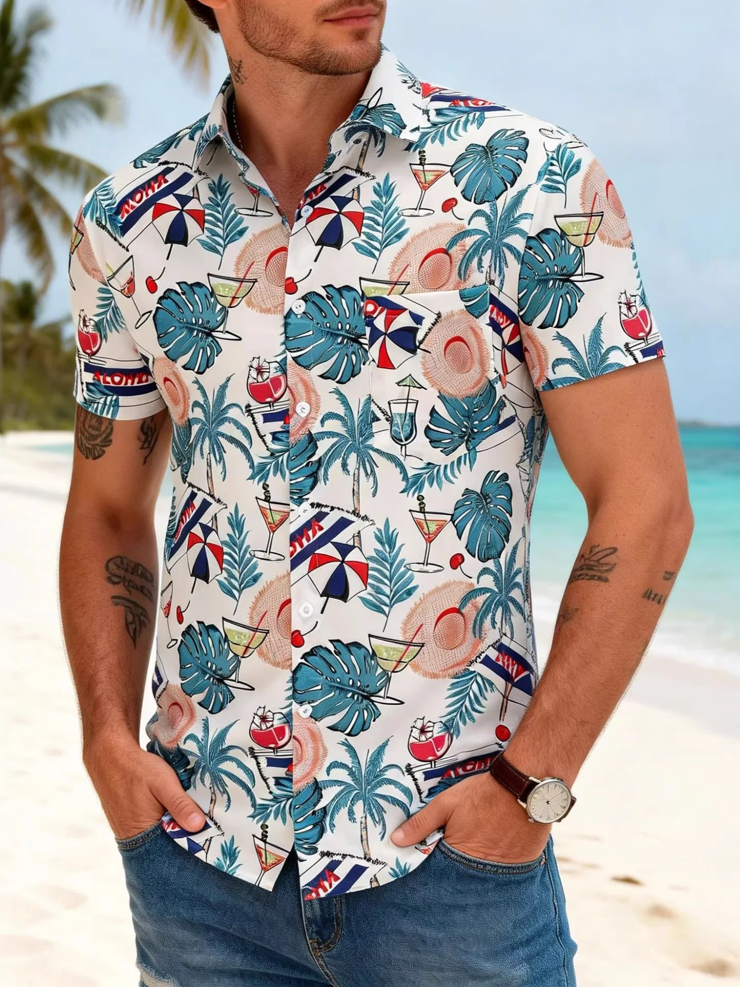 

Loose Fit Hawaiian Print Casual irt ort Sve Turn-down Collar Men's Summer Vaion irt Comfortable Breathable Polyester