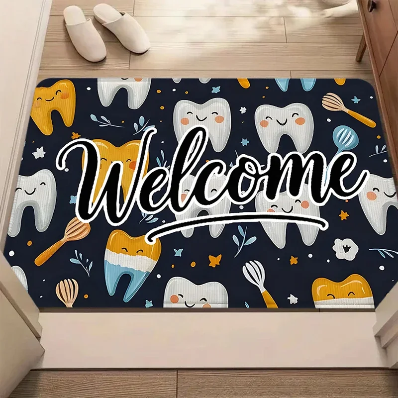 Cute Teeth Welcome Doormat Dark Blue Cartoon Tooth Floor Rug Indoor Outdoor Entrance Carpet for Dental Clinic Hospital Decor