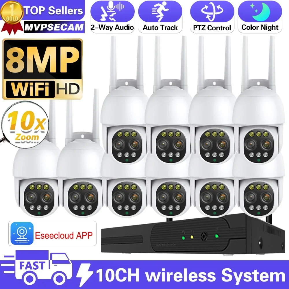 

H.265 8MP Wireless System 10X Zoom Colorful Night 2-Way Audio Waterproof WIFI IP Security Camera 10CH NVR Video Surveillance Kit