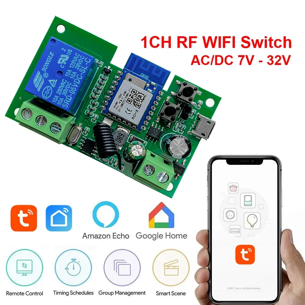 Tuya Smart Wifi Motor Switch Module 1CH AC/DC USB 5V 12V 32V RF433 Radio Remote Control Inching Relay for Alexa Google