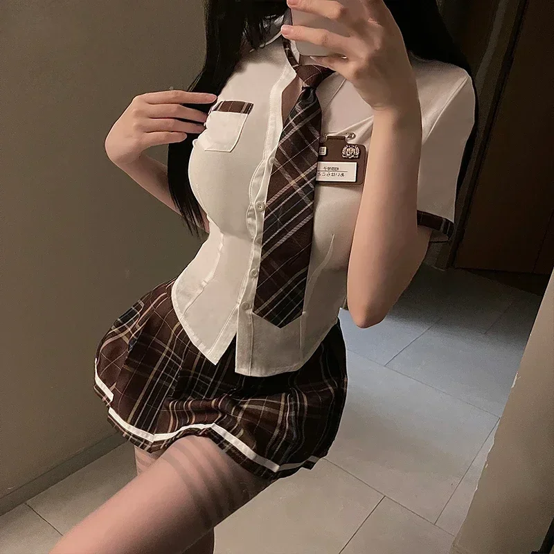 Sexy Studenten-Uniform-Set für Frauen, Schulmädchen, Mottoparty, Cosplay-Kostüm, Minirock, enge Bluse, Set, Outfit, Dessous, Clubwear