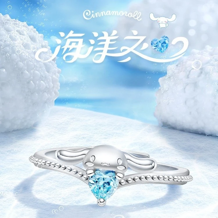 

Kawaii Sanrio Cinnamoroll Ring with Blue Precious Stone Cute Cartoon Anime Open Adjustable Finger Rings For Girls Birthday Gift