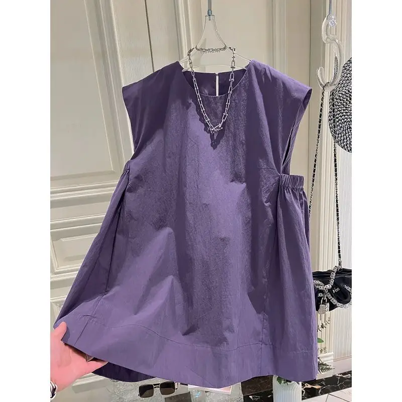 

Female Casual Korean Solid Color O-neck Sleeveless Blouse Summer Temperament Pleated Shirts Women Clothes Loose Pullover Top Tee