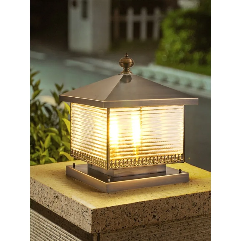 European-style all-copper stigma lamp Outdoor waterproof solar garden fence door pillar lamp Villa gate electric pillar lamp