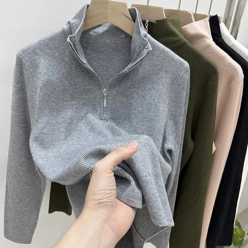 2023 Autumn Winter Knitted Women Zipper High Neck Sweater Pullovers Turtleneck Basic Women Sweaters Slim Fit Black Pull Femme