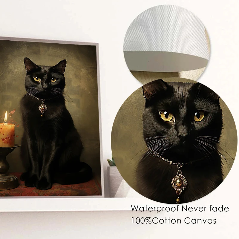 Vintage Renaissance Cat Portrait Black Cat Victorian Gothic Poster Canvas Painting Wall Art for Living Room Home Decor Frameless