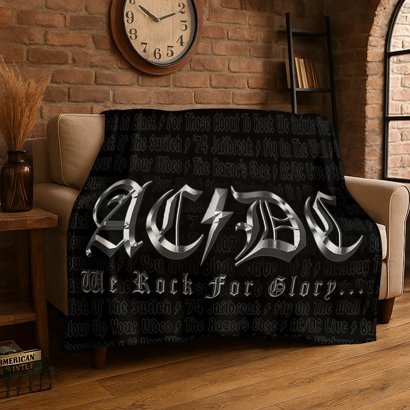 Retro ACDC Rock Band Catoon Flannel Blanket Soft Warm Throw Blanket for Bedroom Living Room Bed Travel Camping Picnic Gift