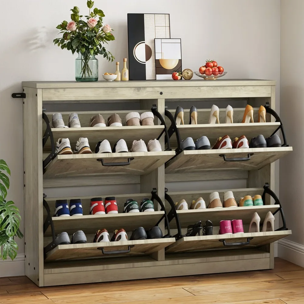 

Oak Shoe Cabinet Storage Farmhouse w/ 4 Flip Drawers Sneakers Rack Organizer