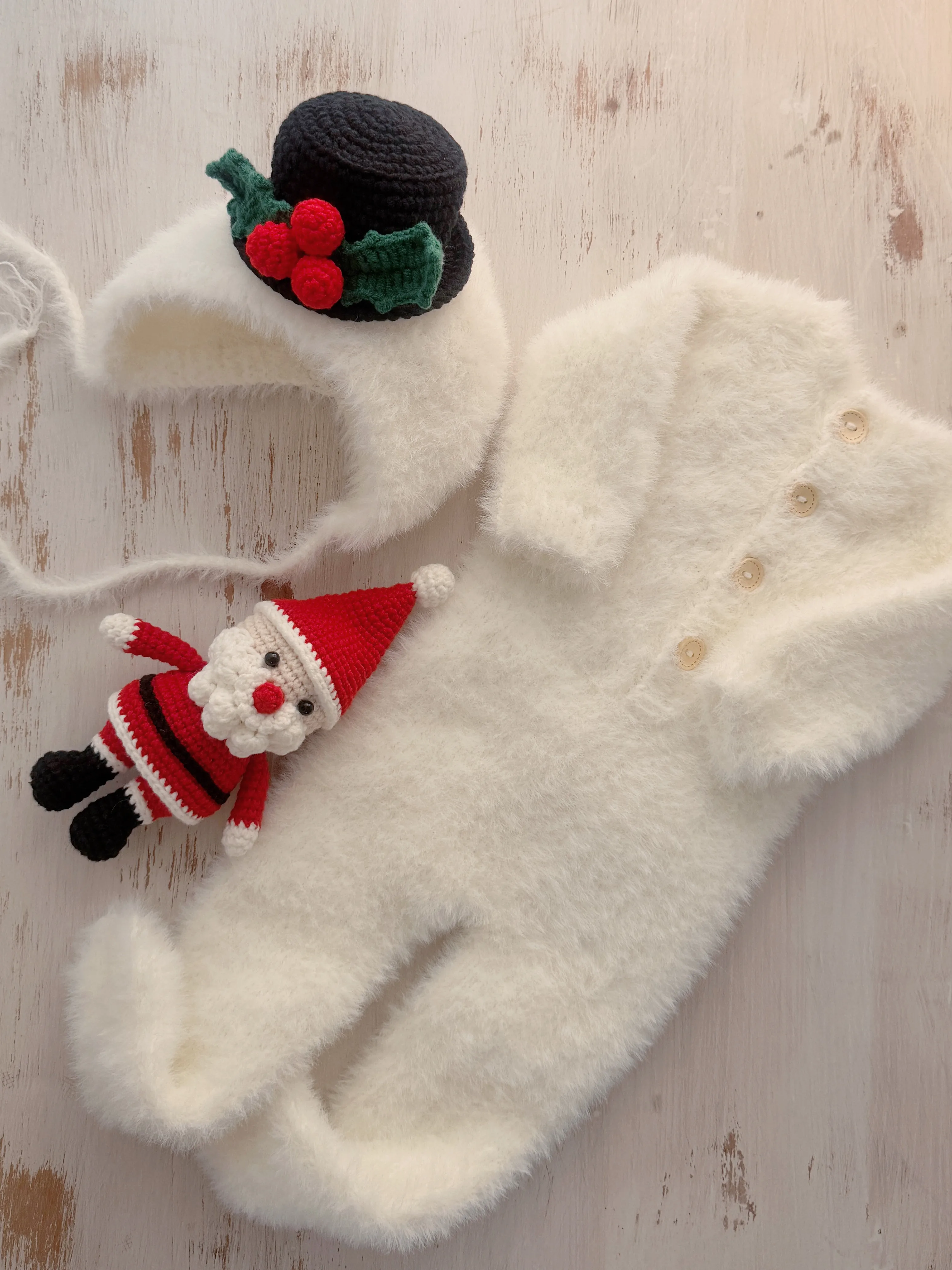 Newborn Photography Clothing Cute Handmade Knitted Christmas Fluffy White Snowman Outfit Hat X'mas Santa Clause Doll Photoshoot