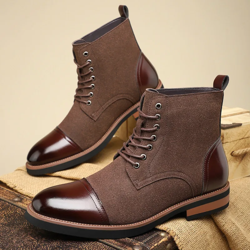 

Patent Leather Men Boots Patchwork Suede Ankle Boots For Man Fashion Trendy Versatile Casual Men Shoes Plus Size 47 48 Botas