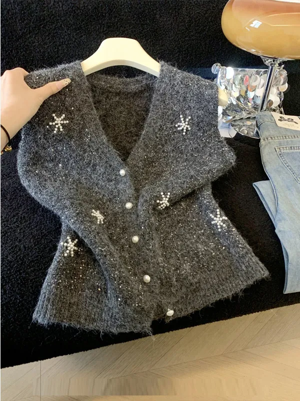 Stunning Knitted Pearl Embellished Vest Cardigan Women's Spring Autumn Fashionable Layering Top Quality Korean Style Outerwear