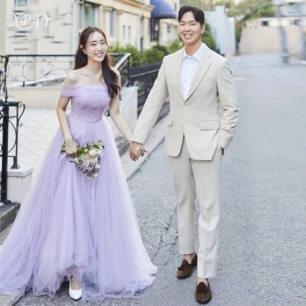 

XPAY Elegant Lilac Tulle Evening Dresses Off Shoulder Bolero Sweep Train Garden Prom Gowns Wedding Photo shoot Customized