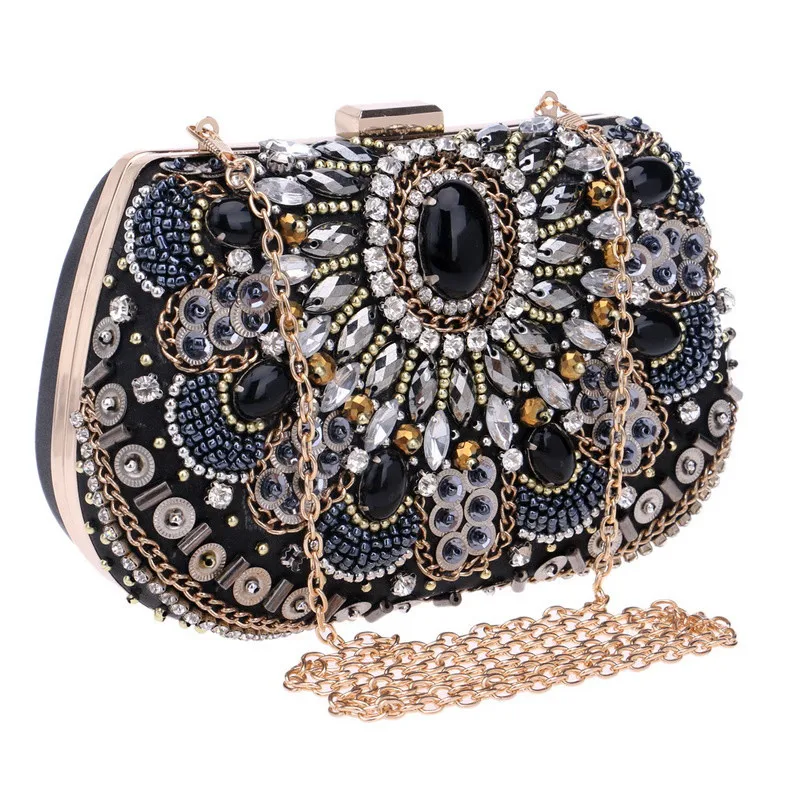 

Embroidery Beading Women Evening Bags One Side Handmade Style Diamonds Clutch Bags Shoulder Chain Black Color Handbags