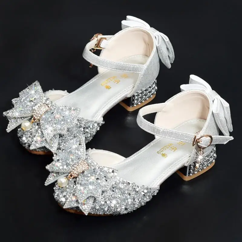 

Kawaii Casual Shoe Childrens Shoes Girls Leather High Heel Princess Shoes Silver Crystal Dance Shoes For Kids Performance Show