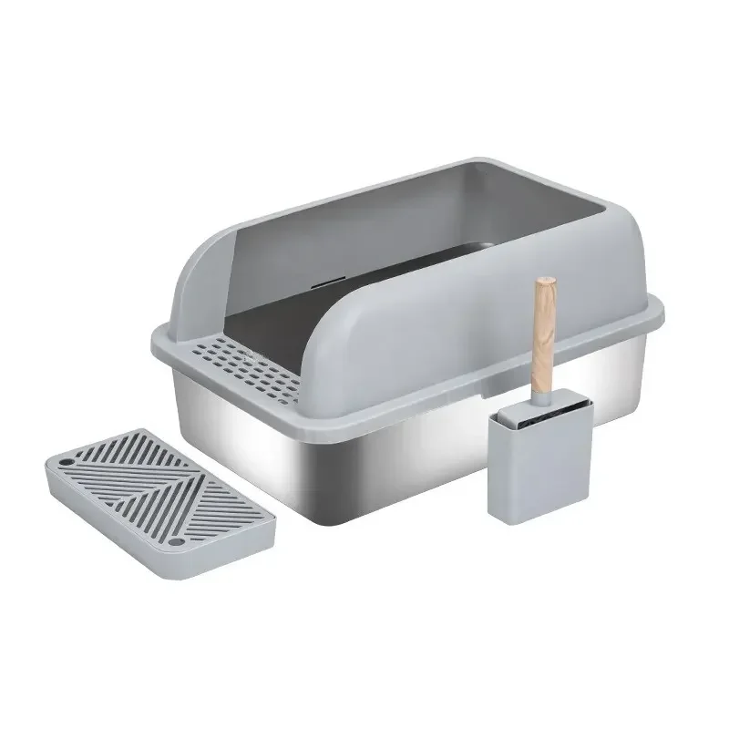 

Stainless Steel Cat Litter Box With High Lid And Footboard Scoop Cat Litter Big Box Semi-Automatic Quick Cleaning