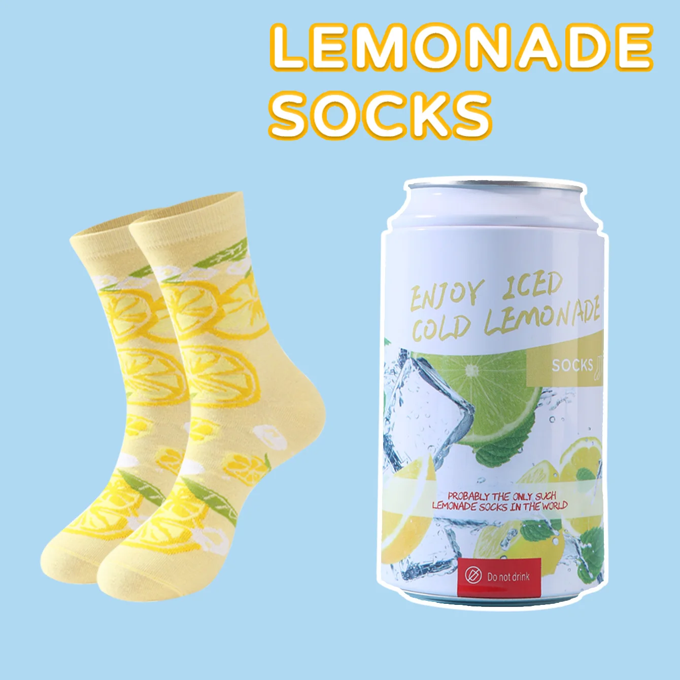 1 pair of unisex mid-calf socks in a lemon soda can gift box, creative socks with a fashionable and trendy style, comfortable and breathable, suitable for parties, casual wear, Valentine's Day, Halloween, birthdays, Christmas, New Year, Thanksgiving, autumn and winter, all-season creative gift box