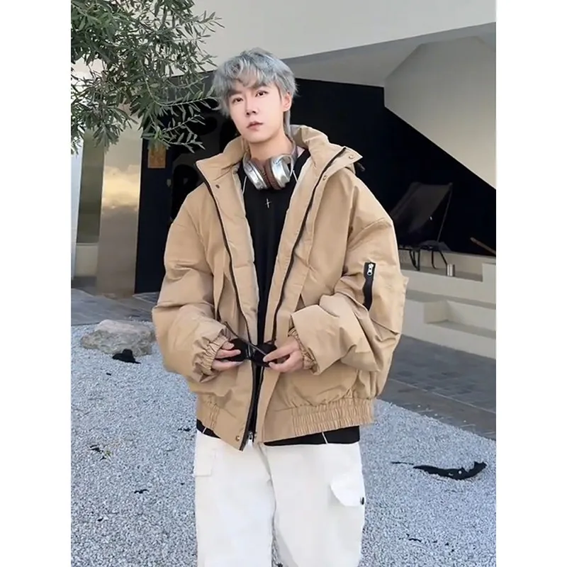 

Мужская теплая зимняя куртка из хлопка с пуховым наполнителем, свободного кроя, с капюшоном, длинными рукавами, в повседневном стиле, молодежная мода