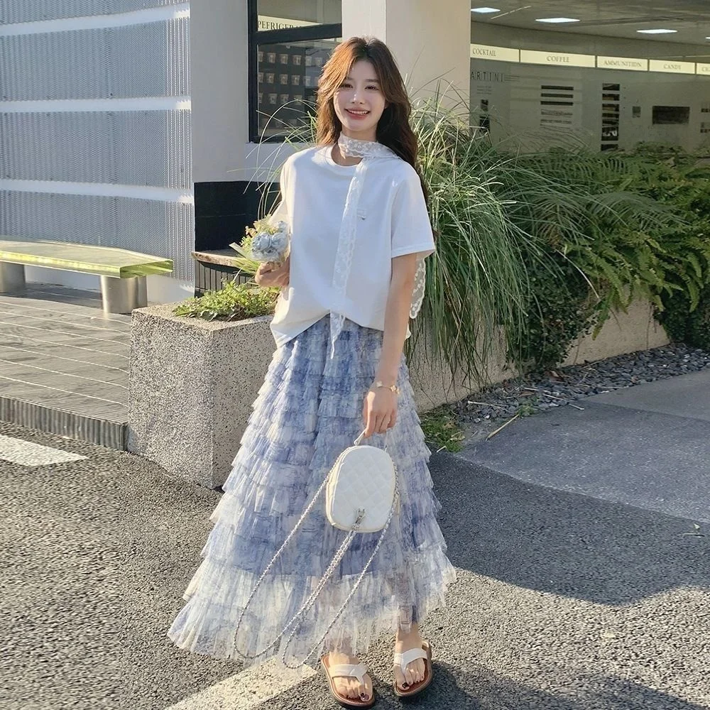 กระโปรงทรงเค้กเอวสูงย้อมสี Me Fairy ทรงสลิมมิ่งสำหรับฤดูร้อน กระโปรงยาวปานกลางสไตล์เกาหลีสำหรับผู้หญิง ผลิตจากเส้นใยโพลีเอสเตอร์
