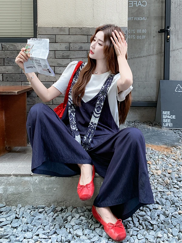 

Синие женские комбинезоны с цветочным принтом, широкие брюки, лето 2025, новинка, модные, стройнящие, длинные брюки для работы, с высокой талией