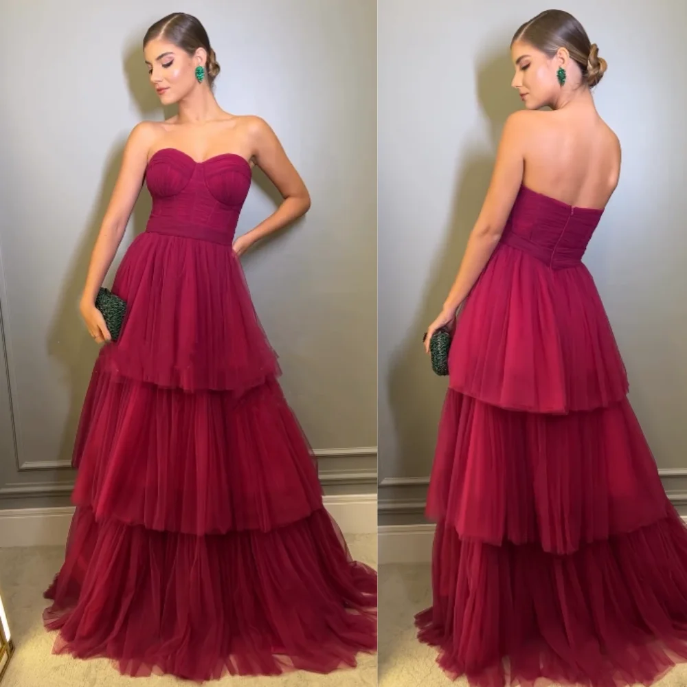 Customized Tulle Tiered Cocktail Party A-line Strapless Bespoke Occasion Gown Long Dresses