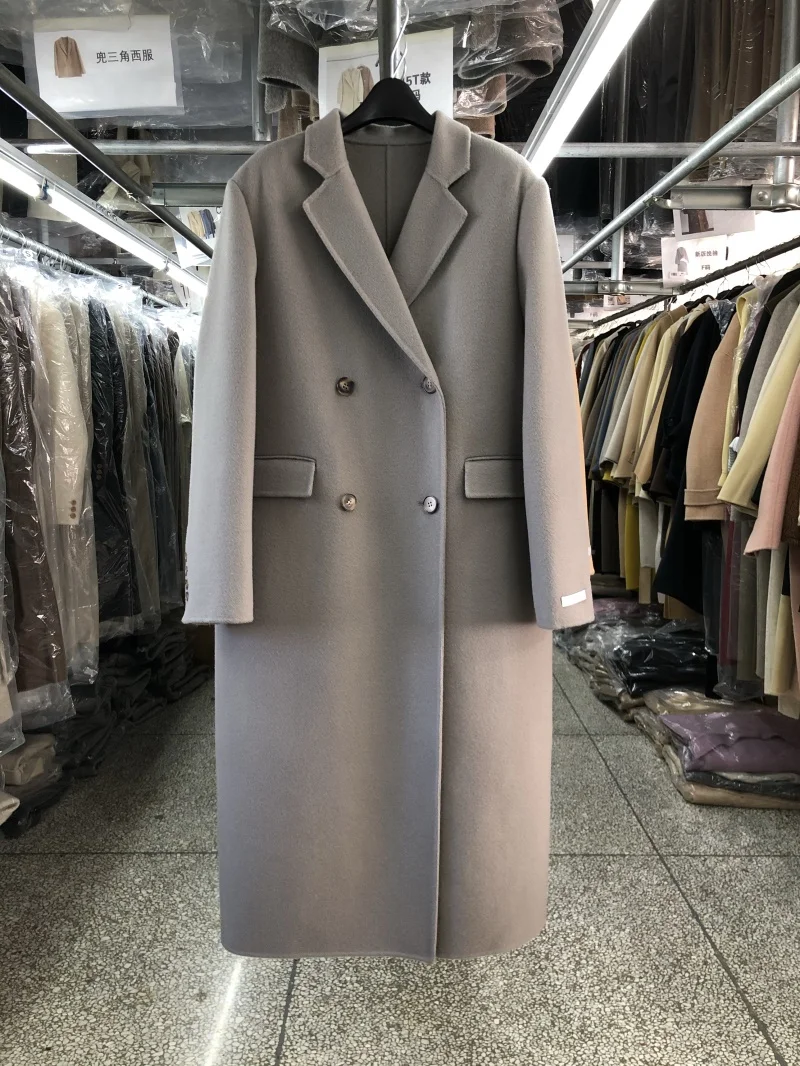 Korean Fashion Double Breasted Long Wool Shoulder Pad Blue Coat Women Elegant Beige Autumn Winter Jacket Long Beautiful