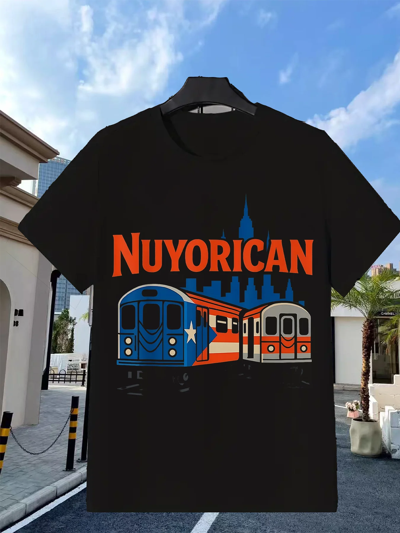 New York Style T-Shirt with Blue, Orange, and White Subway Train Print, Featuring Puerto Rican Flag and New York Skyline Design, Showcasing Urban Fashion and Cultural Pride. Moisture-Wicking Sports Shirt for Sports Enthusiasts, a Comfortable Choice for Casual Outings