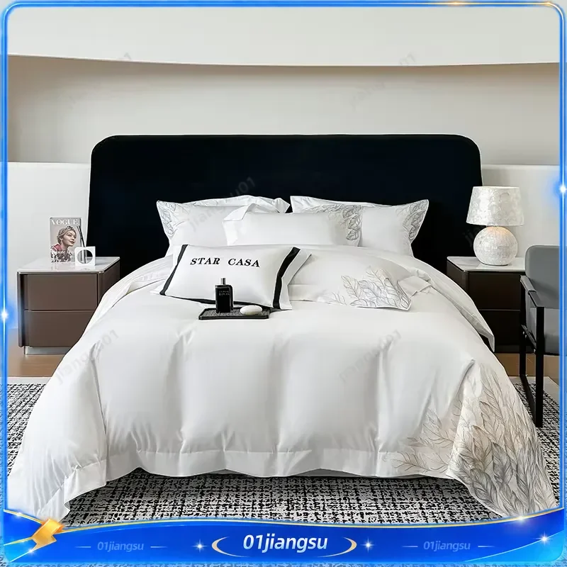 100s Egyptian Cotton Satin Bedding Set Embroidered Luxury Sheet Pillowcase Duvet Cover Home Textile Soft Breathable Bed Linen