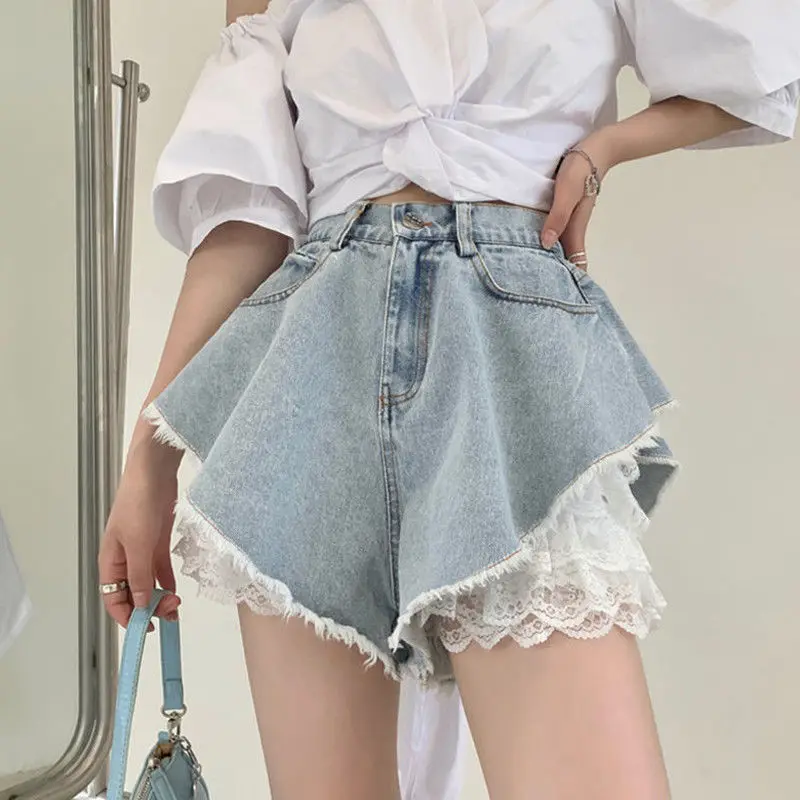 Women Denim Shorts 2022 New Girls Sexy Lace Ruffles High Waist Loose Tassel Jeans Summer Cool Female Denim Booty Shorts