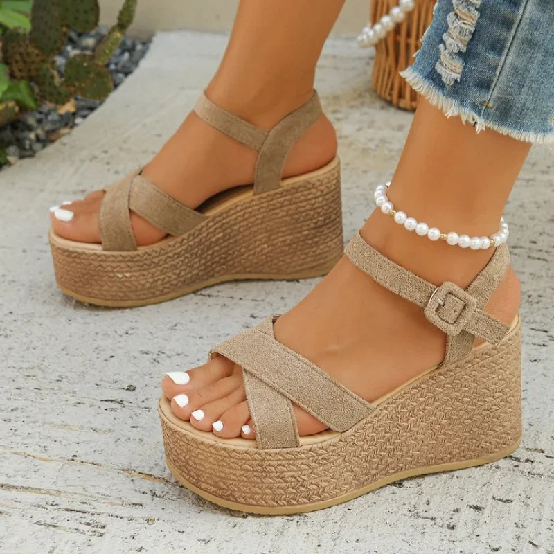 Summer New Comfortable Buckle High-heeled Sandals Fashionable Round Toe Fish Mouth Elegant Wedge Heel Sandals for Women's
