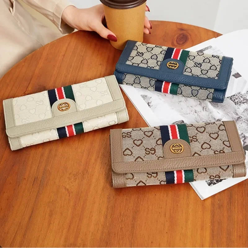 Luxury women\'s long wallet,New 2024 Women\'s Long Genuine Cow Leather + Canvas Luxury Wallet Large-capacity Purse Phone Handbag