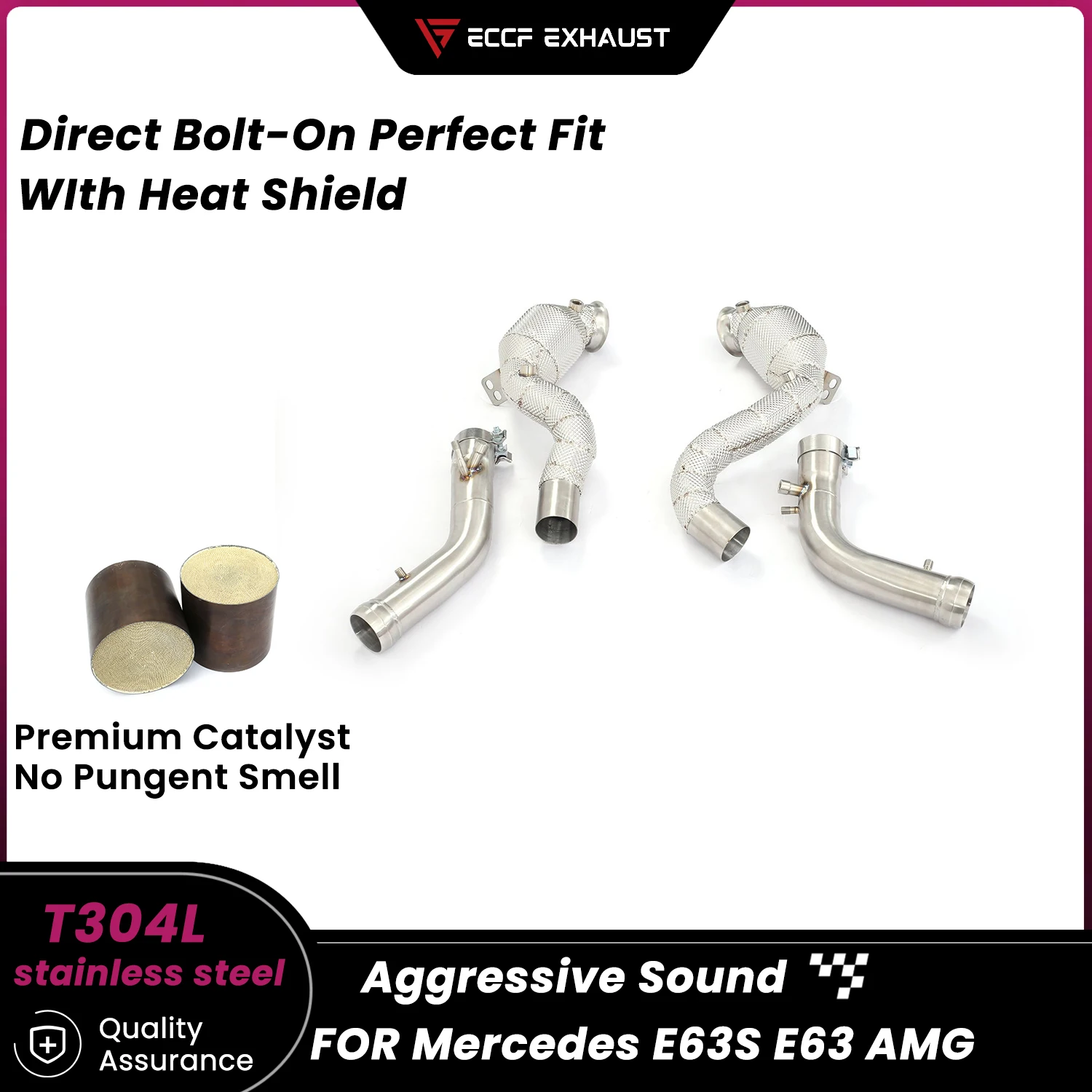 

Sporty Downpipe With Heat Shield For Mercedes E63S E63 AMG Aggressive Exhaust Sound High Flow Performance Upgrade