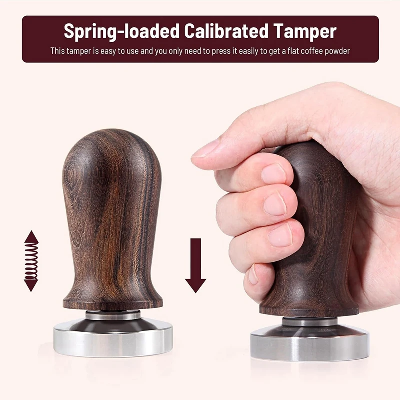 51mm Espresso Coffee Tamper&Stirrer Set-Wooden-Handle Spring-Loaded Calibrated Tamper with Premium Stainless Steel Base-A79M