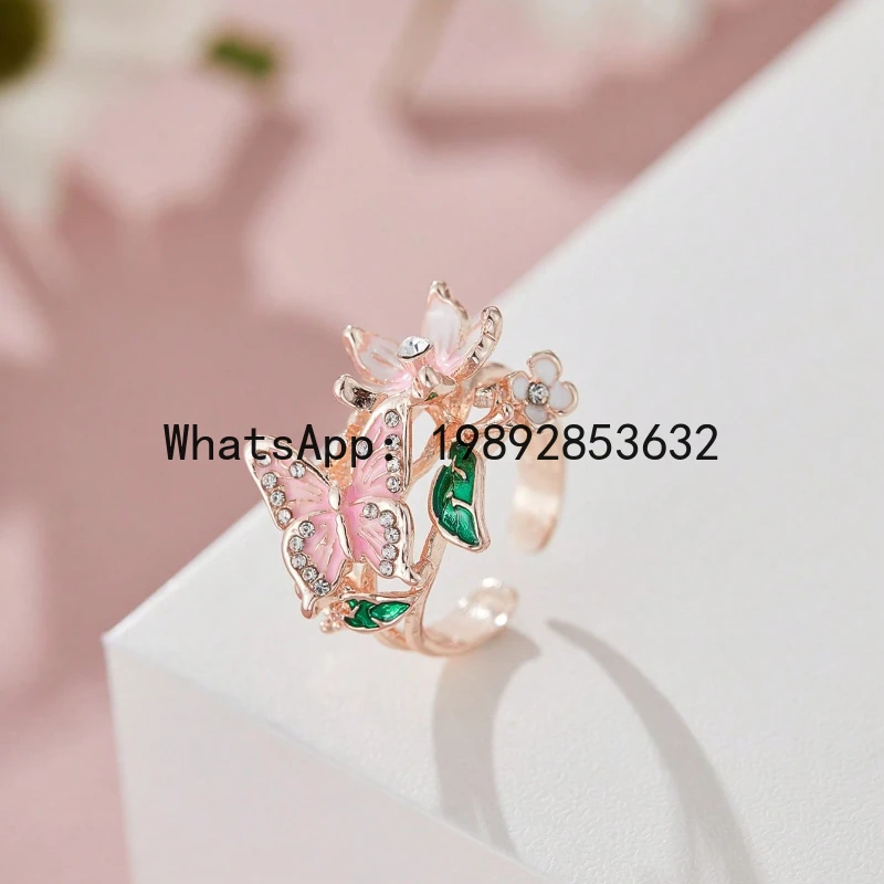 LYY Flower Butterfly Rings for Female Romantic Rhinestone Stylish Non-fading Opening Ring Women Wedding  Party Gift