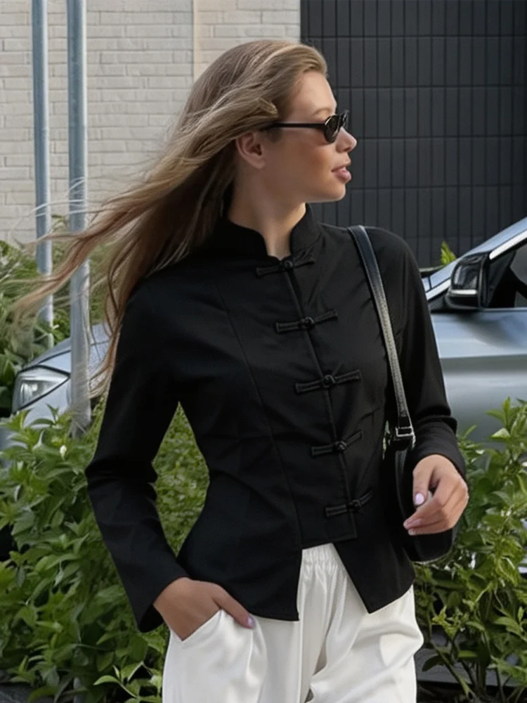 Women's Winter Jacket Chinese New Retro Streetwear Daily Collar Frog Button Asymmetric Split Hem Long Sleeve Slim Fit Blouse