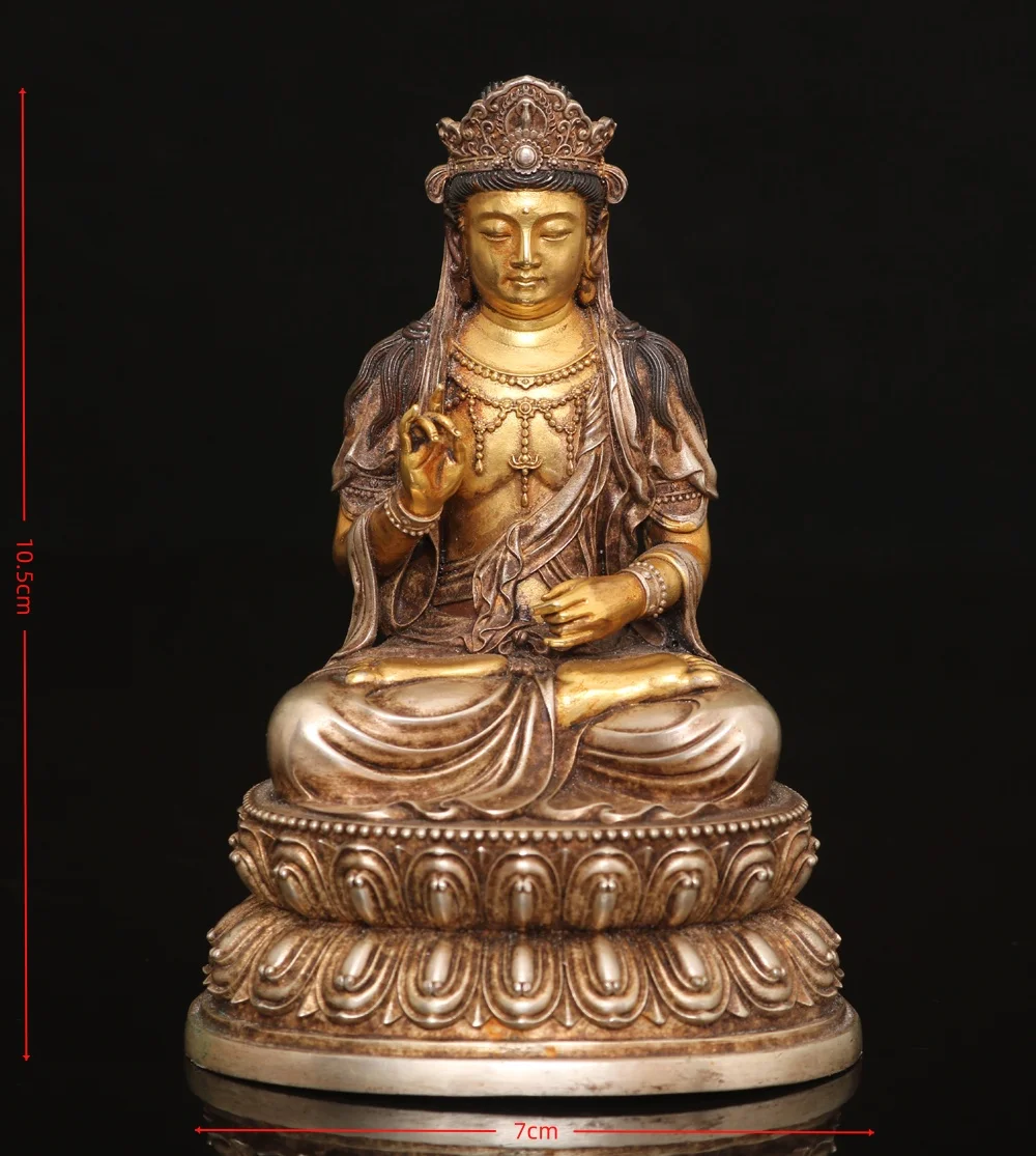 Tibetan copper gilt silver Bilujana Buddha Tara Guanyin Buddha statue small ornament Jutang incense case offering 10cm