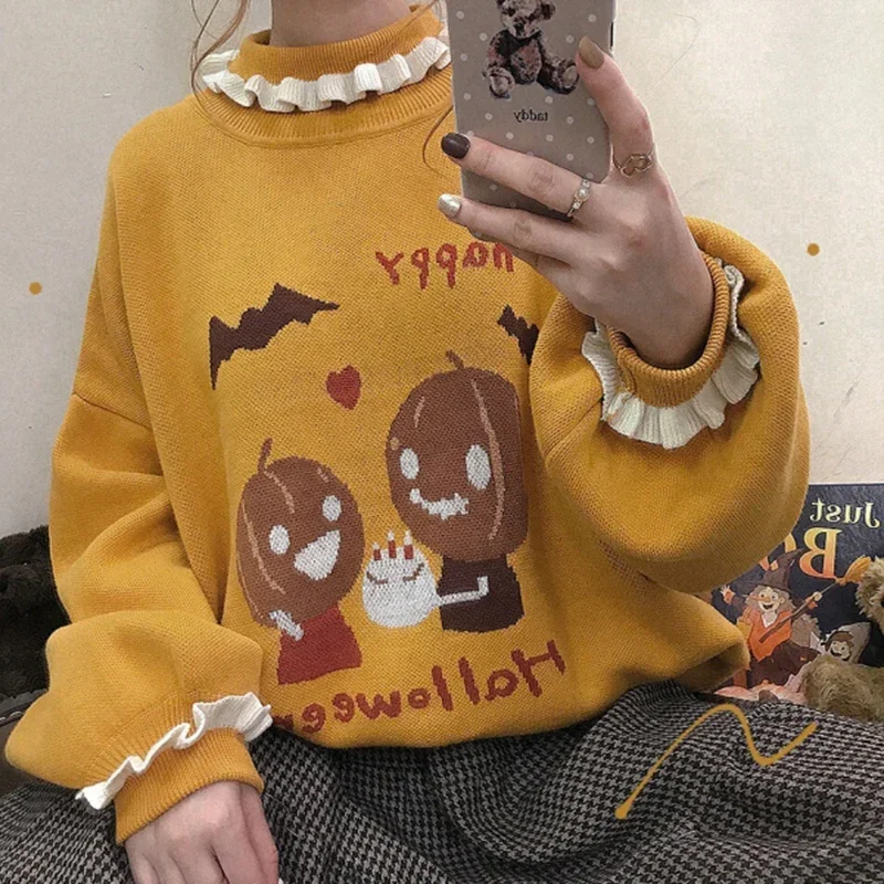 Halloween Sweaters Women Autumn Cute Pumpkin Pattern Turtleneck Lantern Sleeve Loose Pullovers Kawaii Clothes