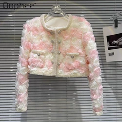 Elegant Pearl Edge Beaded Cropped Jacket Women 2023 Winter New Socialite Woman Three-Dimensional Flower Yarn Quilted Short Coat