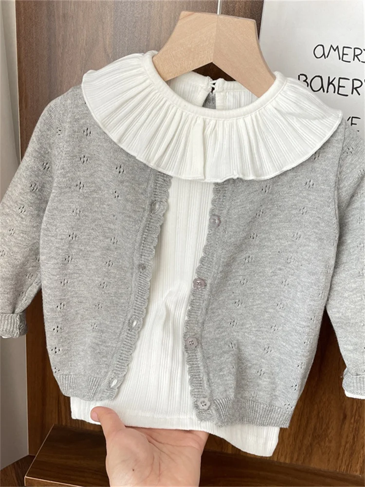 Spring Autumn Baby Girl Knitted Open Cardigan Thin Outerwear Faionable Top for Little Girls Soft Long Sve round Ne Silk