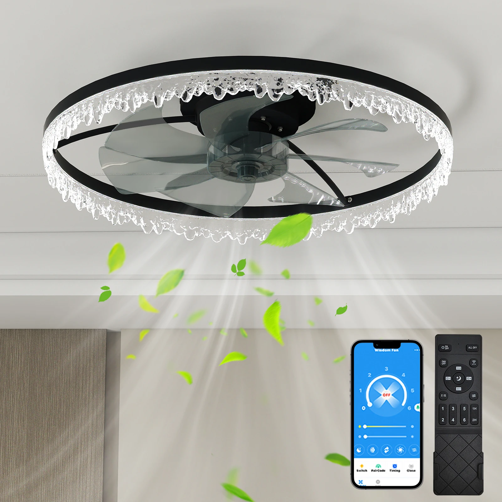 

Smart Silent Elegant Black Ceiling Fan with Light,24-inch Flush Mount LED Chandelier with 5 Blades,Dimmable Lighting for Bedroom