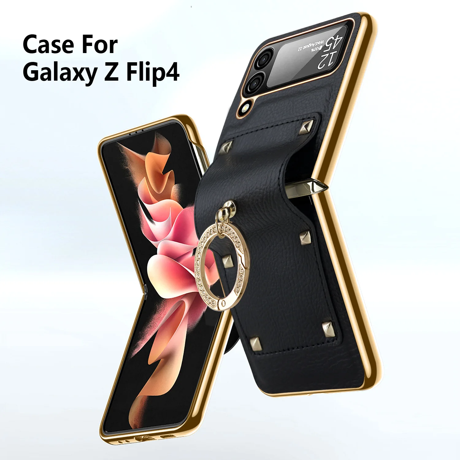 For Samsung Galaxy Z Flip 5 4 3 Plain leather Plating Case For Z Flip5 Flip4 plating Ring Holder Case with Glass Lens Film Cover