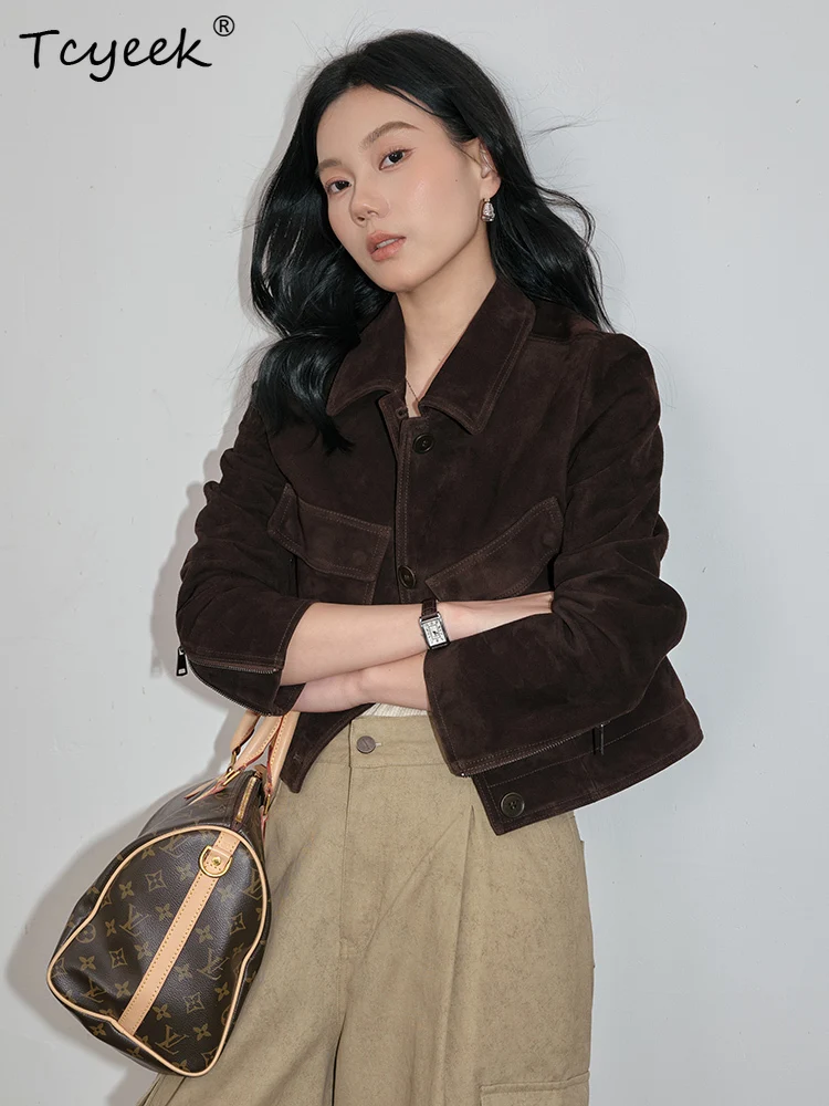 Tcyeek 本物の羊革 春秋 ハイエンド スエード スタンドカラー ショート丈 レディース 本革ジャケット 女性用レザージャケット